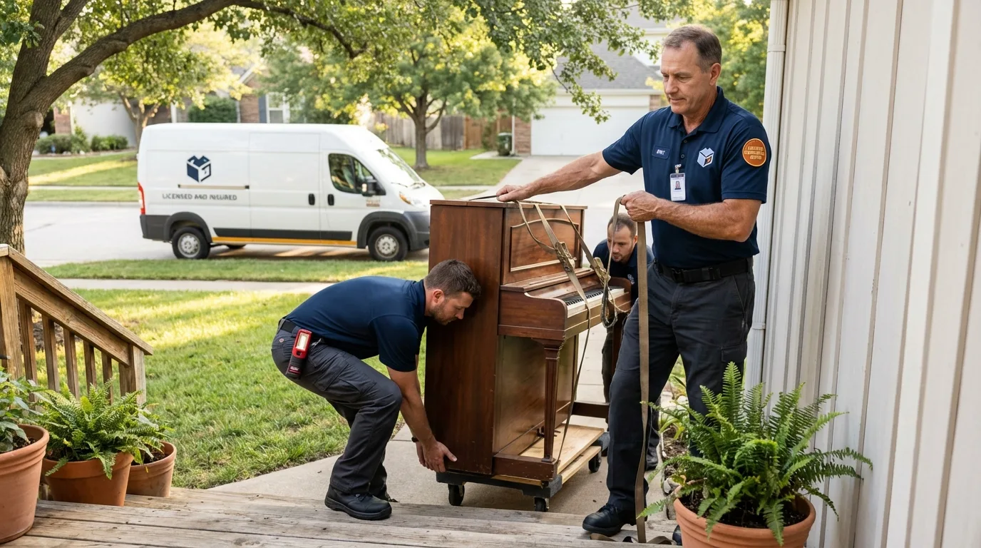 Licensed piano movers securing grand piano in Leesburg, VA