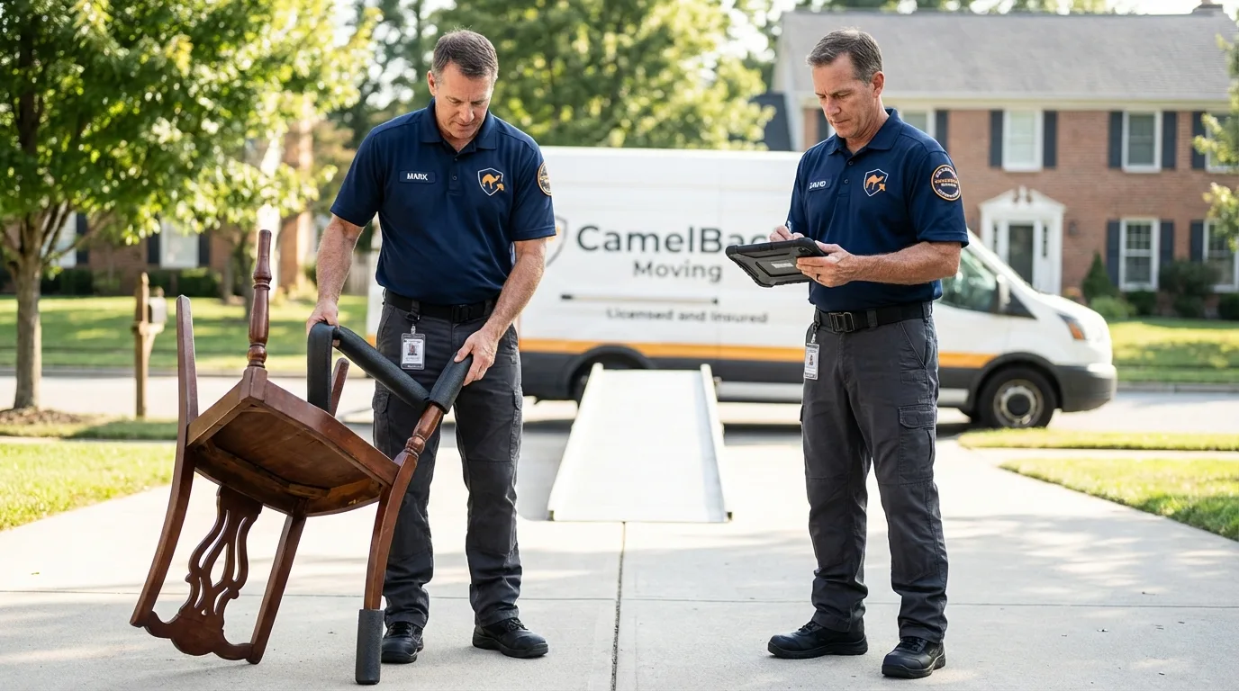 Movers inspecting furniture for damage prevention before loading in Leesburg, VA