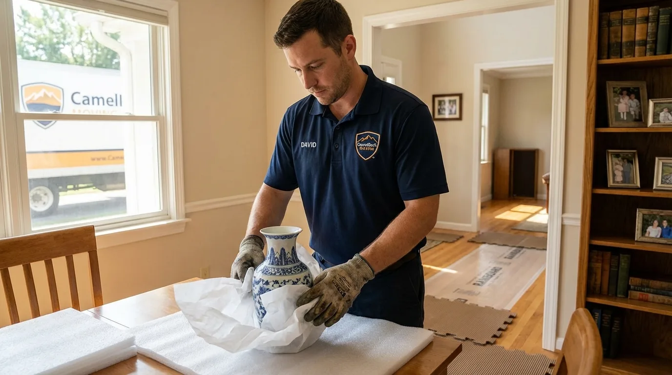 Professional crew carefully wrapping antique vase for senior downsizing move in Leesburg, VA